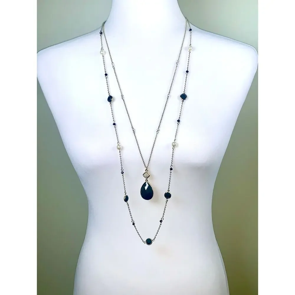 White House Black Market Versatile 2 in 1 Dark Green Stone Faux Pearl Necklace